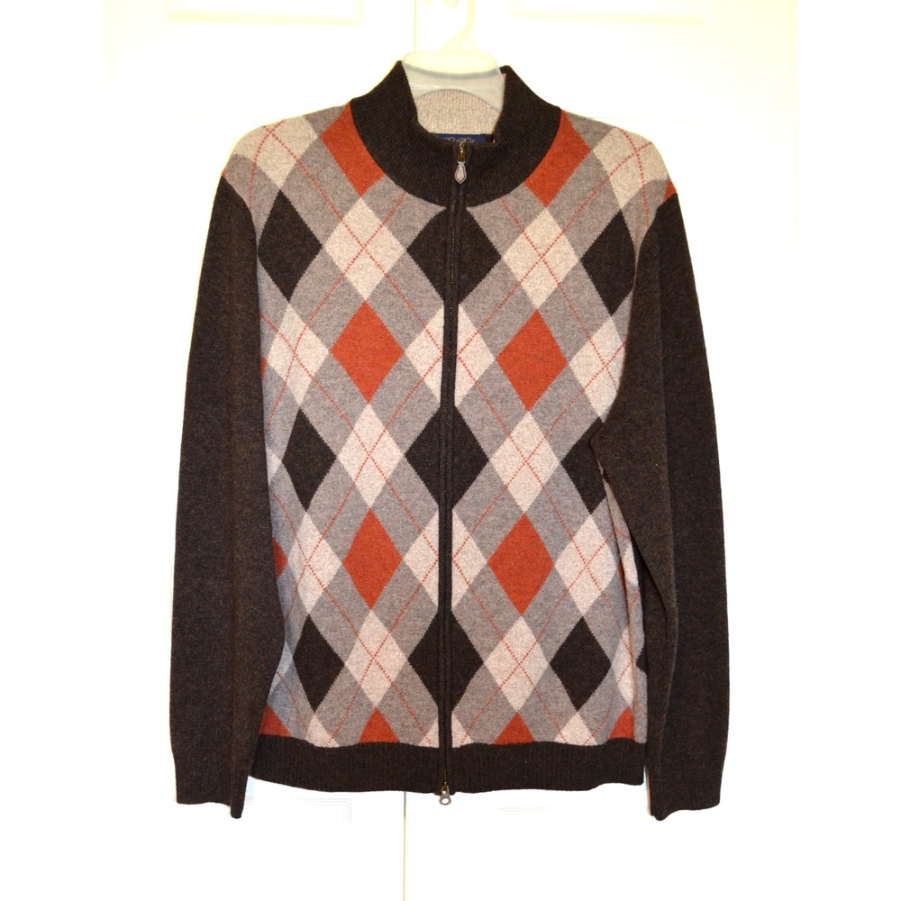 Brooks Brothers Cardigan Mens XL Brown w/ Argyle Front 100% Lambswool Full Zip